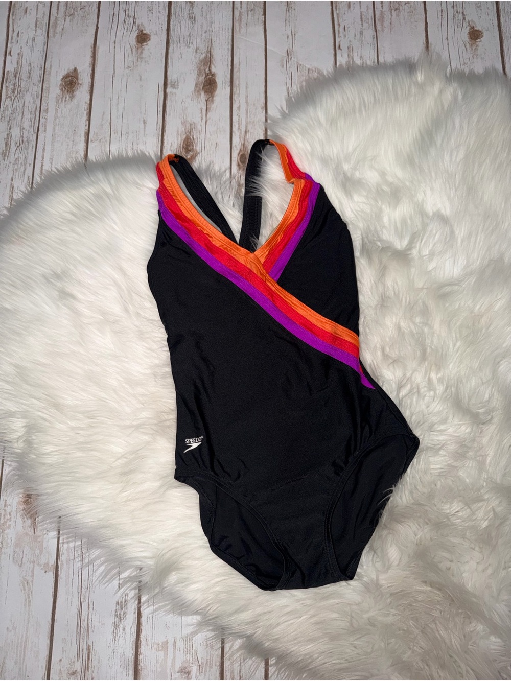 Vintage Speedo Black One-Piece 90’sSwimsuit with Orange & Purple Stripes Size 10